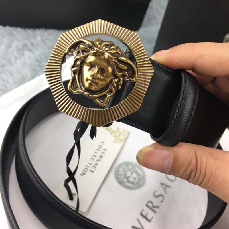 Versace Men Octagonal Medusa Leather Belt-Black - Image 9