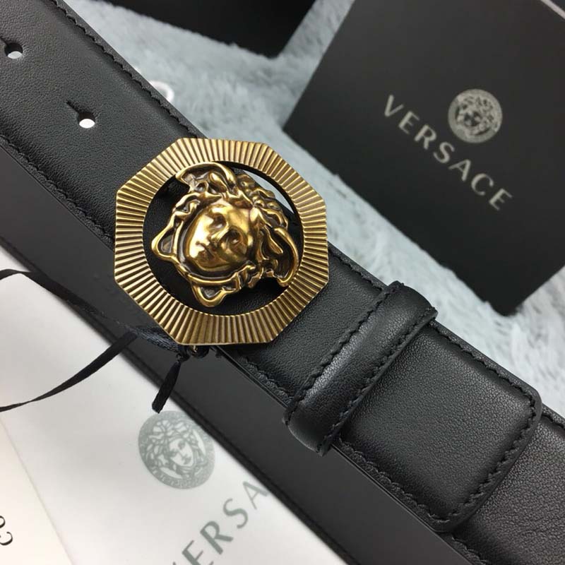 Versace Men Octagonal Medusa Leather Belt-Black - Image 7
