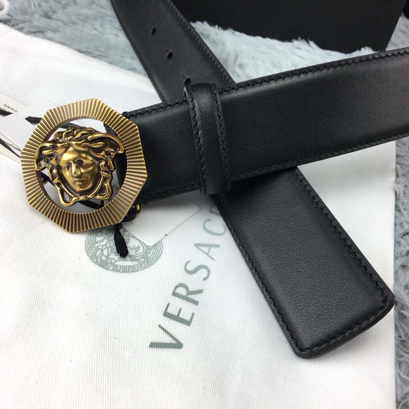 Versace Men Octagonal Medusa Leather Belt-Black - Image 5