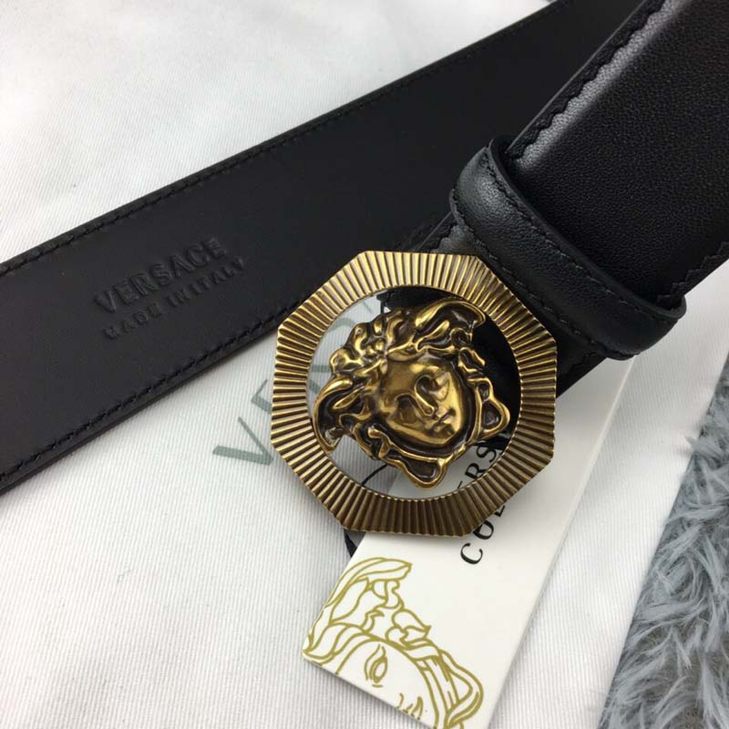 Versace Men Octagonal Medusa Leather Belt-Black - Image 3