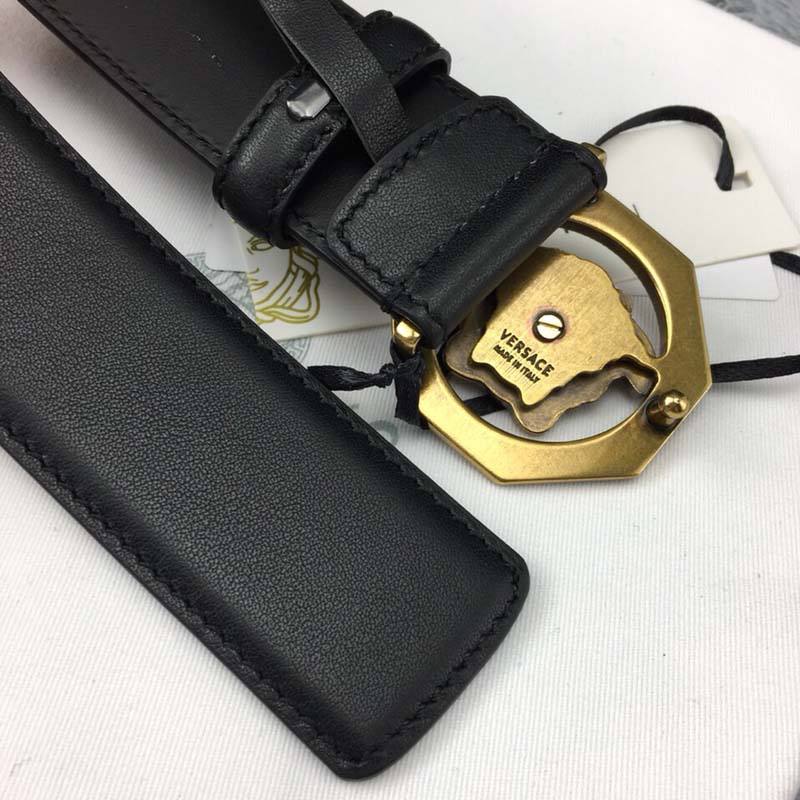 Versace Men Octagonal Medusa Leather Belt-Black - Image 2