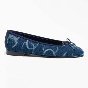 Chanel Women CC Ballet Flats Printed Denim Dark Blue White G02819