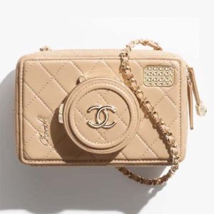 Chanel Women CC Camera Bag Lambskin Gold-Tone Metal Dark Beige AS4817