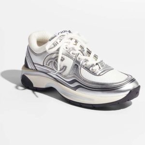 Chanel Women CC Sneakers Fabric Laminated White Silver 1 Cm Heel G39792