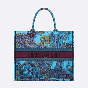 Dior Women Large Dior Book Tote Celestial Blue Multicolor Toile de Jouy Voyage Embroidery