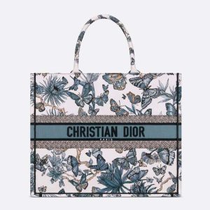 Dior Women Large Dior Book Tote White and Pastel Midnight Blue Toile de Jouy Mexico Embroidery
