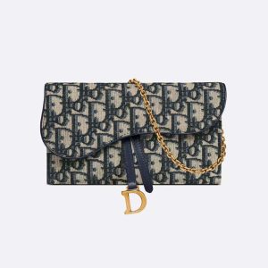 Dior Women Long Saddle Wallet with Chain Blue Dior Oblique Jacquard