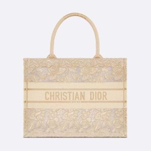 Dior Women Medium Dior or Dior Book Tote Gold-Tone D-Lace Embroidery with Macramé Effect