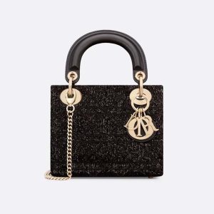 Dior Women Mini Lady D-joy Bag Black Cannage Cotton with Micropearl Embroidery