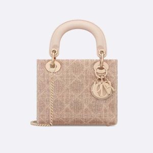 Dior Women Mini Lady D-joy Bag Caramel Beige Cannage Cotton Embroidered with Micropearls
