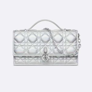 Dior Women Miss Dior Mini Bag Iridescent Metallic Silver-Tone Cannage Lambskin