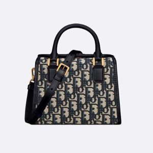 Dior Women Small Boston Bag Blue Dior Oblique Embroidery and Smooth Calfskin