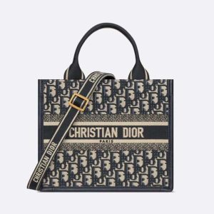 Dior Women Small Dior Book Tote Blue Dior Oblique Embroidery and Calfskin