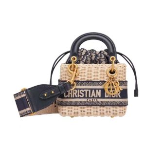 Dior Women Small Lady Dior Bag Natural Wicker and Blue Dior Oblique Jacquard (1) Dior Women Small Lady Dior Bag Natural Wicker and Blue Dior Oblique Jacquard