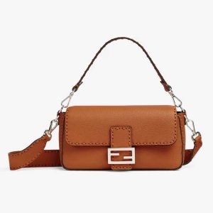 Fendi Women Baguette Brown Selleria Bag with Oversized Topstitching