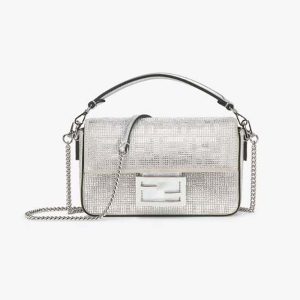 Fendi Women Baguette Mini Silver Leather Bag with Crystal FF Motif