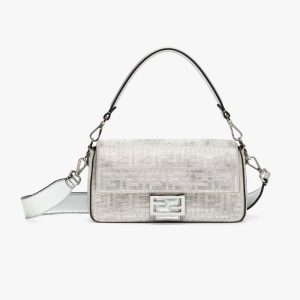 Fendi Women Baguette Silver Leather Bag with Crystal FF Motif