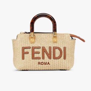 Fendi Women By The Way Mini Natural Straw Small Boston Bag