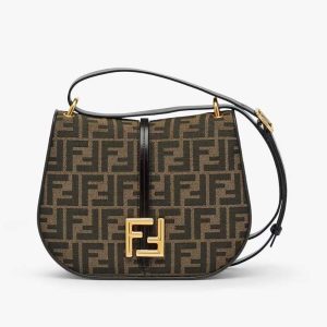 Fendi Women C’mon Medium Brown FF Jacquard Fabric and Leather Bag