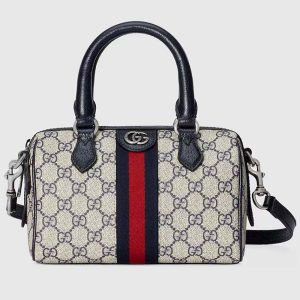 Gucci GG Unisex Ophidia GG Mini Top Handle Bag Beige Blue GG Supreme Canvas Leather 772053