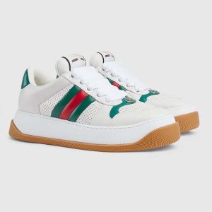 Gucci GG Unisex Screener Sneaker Web White Perforated Leather Bi-Color Flatform Rubber Low Heel