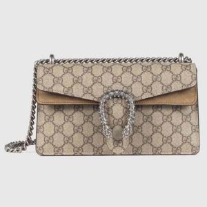 Gucci GG Women Dionysus GG Small Shoulder Bag Beige Ebony GG Supreme Canvas Brown Suede