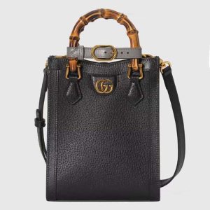 Gucci GG Women Gucci Diana Mini Tote Bag Double G Black Leather 739079