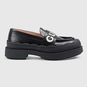 Gucci GG Women Gucci Loafer Black White Leather Scalloped Script Rubber Sole Mid-Heel