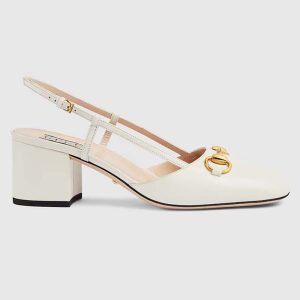 Gucci GG Women Horsebit Slingback White Leather Sole Ankle Buckle Closure Mid-Heel Style ‎771601