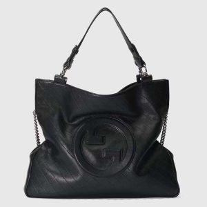 Gucci Unisex Blondie Medium Tote Bag Black Leather Round Interlocking G 751516