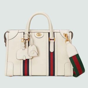Gucci Unisex GG Bauletto Medium Top Handle Bag White Leather Double G 715666
