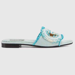 Gucci Unisex GG Interlocking G Slide Sandal Light Aquamarine Canvas Leather Flat