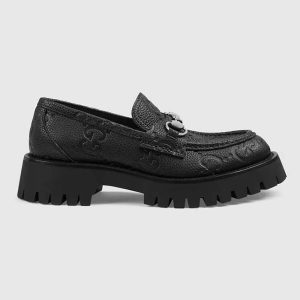 Gucci Unisex GG Lug Loafer Black GG Leather Horsebit Rubber Sole 1.5 CM Heel Height