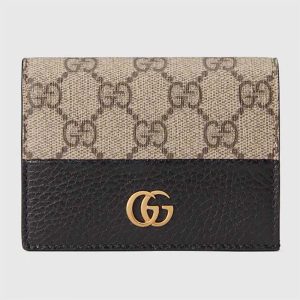 Gucci Unisex GG Marmont Card Case Wallet Double G Beige Ebony GG Supreme Canvas Black Leather Style