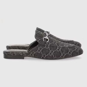 Gucci Unisex GG Princetown Slipper Black Denim Horsebit Leather Flat 771592