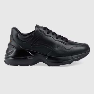Gucci Unisex GG Rhyton Sneaker Black Leather Rubber Sole Lace-Up Mid-Heel