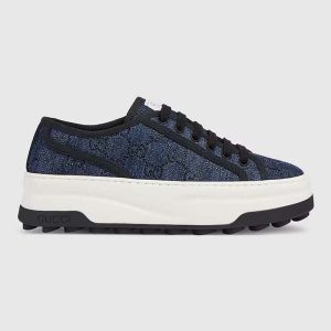 Gucci Unisex GG Sneaker Tennis 1977 Blue Denim Black Crystals Low Heel