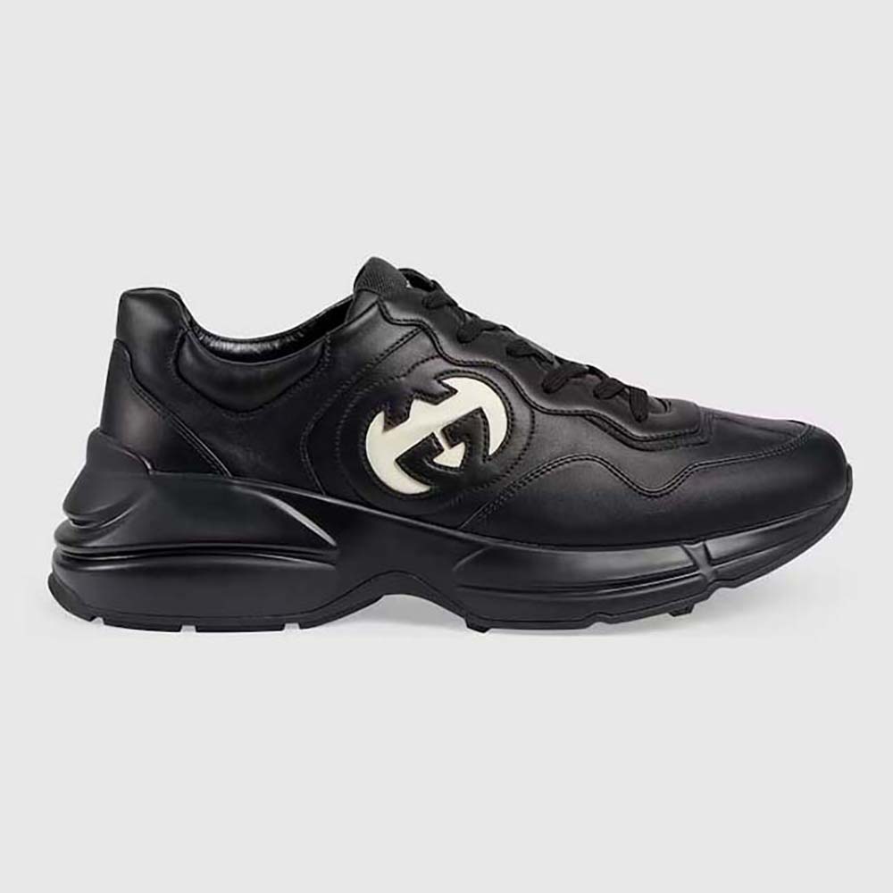 Gucci Unisex Interlocking G Rhyton Sneakers Black Leather White Cut-Out Rubber Sole