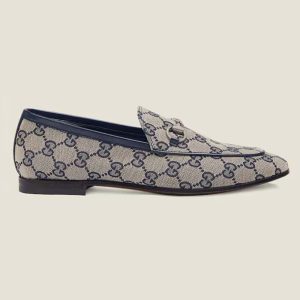 Gucci Unisex Jordaan GG Loafer Beige Blue Original GG Canvas Blue Leather Piping 693213