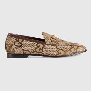 Gucci Unisex Jordaan Jumbo GG Loafer Camel Ebony Maxi GG Canvas Brown Leather Piping