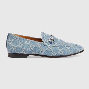 Gucci Unisex Jordaan Loafer Light Blue Ivory GG Denim Horsebit Flat
