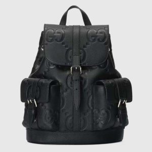 Gucci Unisex Jumbo GG Small Backpack Black Leather Cotton Linen Lining 739503