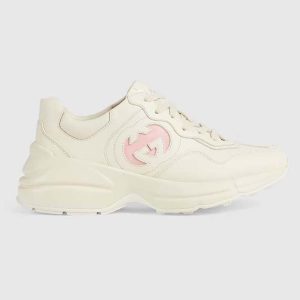 Gucci Unisex Rhyton Sneakers Ivory Leather Pink Interlocking G Cut-Out Rubber Sole 757887