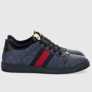 Gucci Unisex Screener Sneaker Dark Blue GG Supreme Canvas Rubber Sole Low Heel Style ‎763525