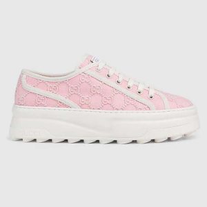 Gucci Unisex Tennis 1977 Sneaker Light Pink Canvas GG Embroideries Mid-Heel