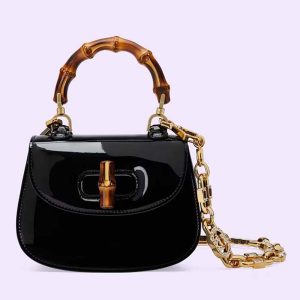 Gucci Women Bamboo 1947 Mini Top Handle Bag Black Patent Leather 724641