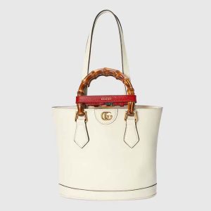 Gucci Women Diana Small Tote Bag White Leather Gold-Toned Hardware Double G 750396