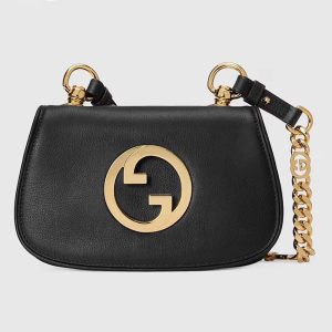 Gucci Women GG Blondie Mini Shoulder Bag Black Leather Round Interlocking G Chain 724645