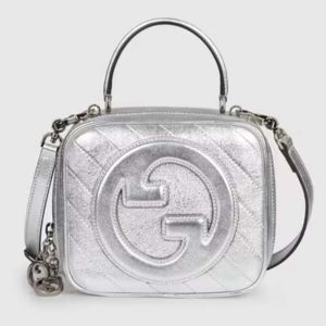 Gucci Women GG Blondie Top Handle Bag Metallic Silver Leather Round Interlocking G 744434