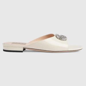 Gucci Women GG Double G Slide Sandal Ivory Patent Leather Crystals Flat 771586